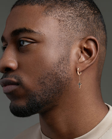 DANGLE CROSS Hoop Gold Earring on the chain with Black Onyx