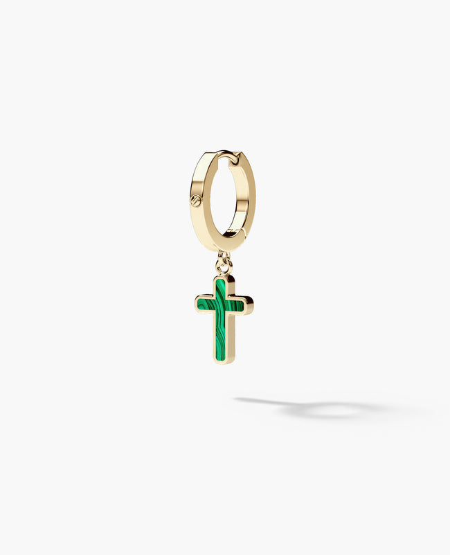 Ready to Ship - DANGLE CROSS Hoop 14k Yellow Gold Earring with Malachite