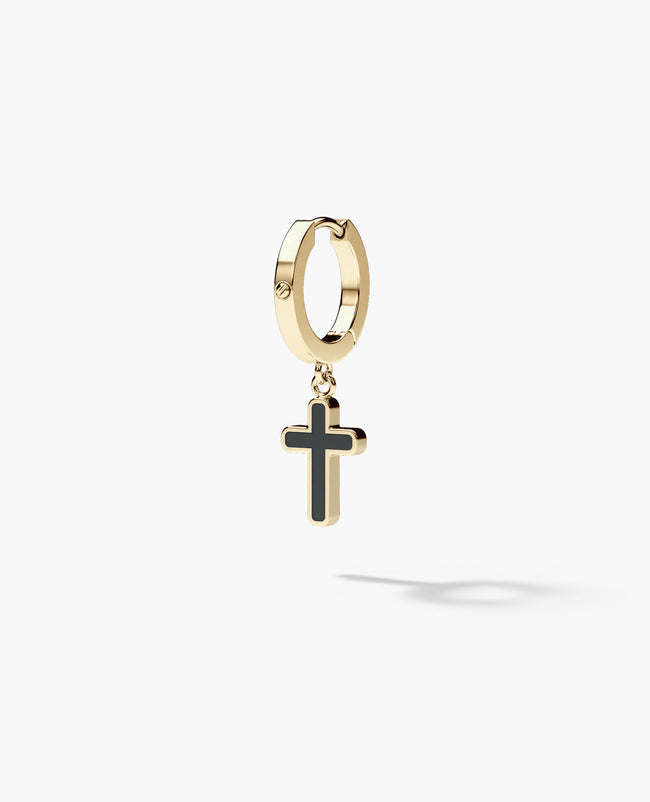 Ready to Ship - DANGLE CROSS Hoop 14k Yellow Gold Earring with Black Onyx