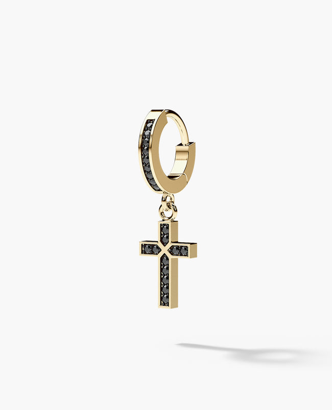 DANGLE Cross Gold Hoop Huggie Earring with 0.12ct Black Diamonds