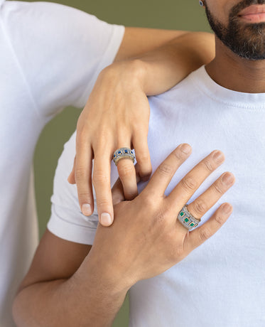 LA PAZ Two Tone Gold Diamond Matching Wedding Band Set with Sapphires and Emeralds