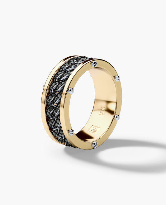KENSINGTON Two Tone Gold Cuban Link Ring with 0.65ct Black Diamonds