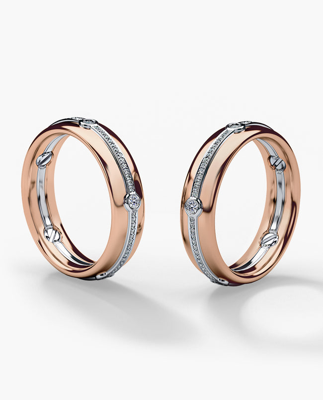 REED Two-Tone Gold Matching Diamond Wedding Band Set