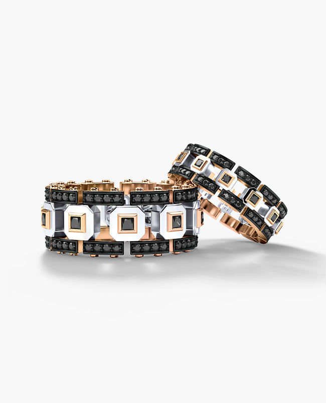 LA PAZ Two-Tone Gold Matching Black Diamond Wedding Band Set