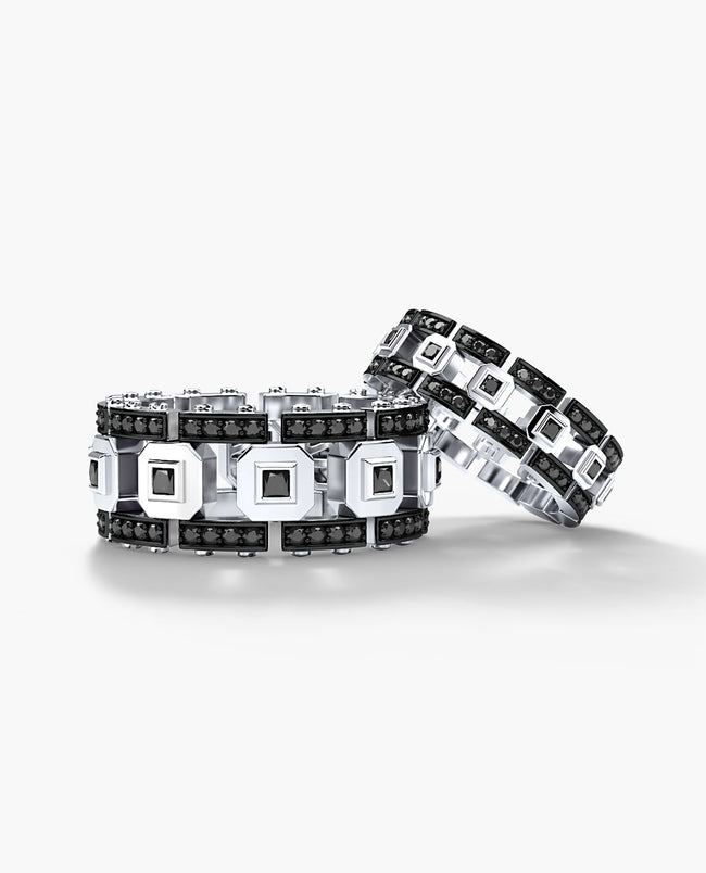 LA PAZ Gold Matching Black Diamond Wedding Band Set