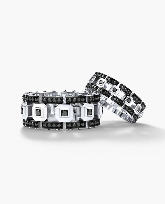 LA PAZ Gold Matching Black Diamond Wedding Band Set