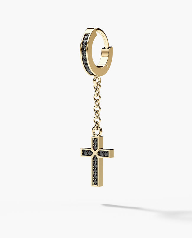 DANGLE Cross Hoop Gold Earring with 0.12ct Black Diamonds