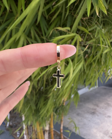 DANGLE CROSS Hoop Gold Earring with Black Onyx